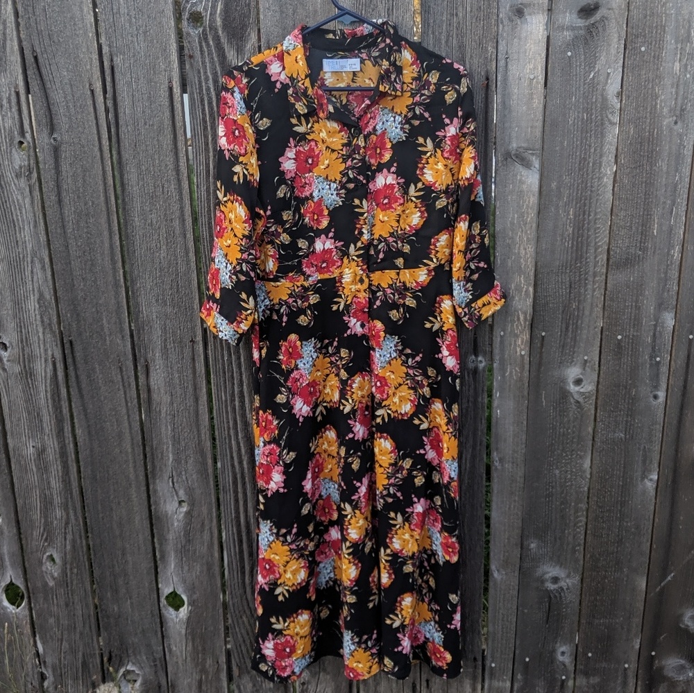 Time Tru Floral Button Front Dress Long 3/4 Sleeve - Picture 4 of 5
